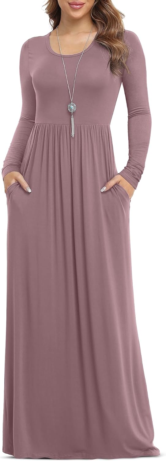 VIISHOW Women's Long Sleeve Casual Empire Waist Maxi Dress with Pockets | Soft stretch,Loose\u2011flowing dress,Full\u2011length cut,For church & daily occasions,Layer for cool Fall\u2011Winter,Casual to Formal