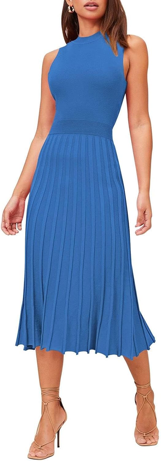 Pink Queen Women's Elegant Sleeveless Pleated A Line Midi Sweater Dresses | Crewneck,High Waisted,Ribbed Knit,Swing Long Dresses,Soft Stretchy,Business Causal,Work,Wedding,Party,Cocktail