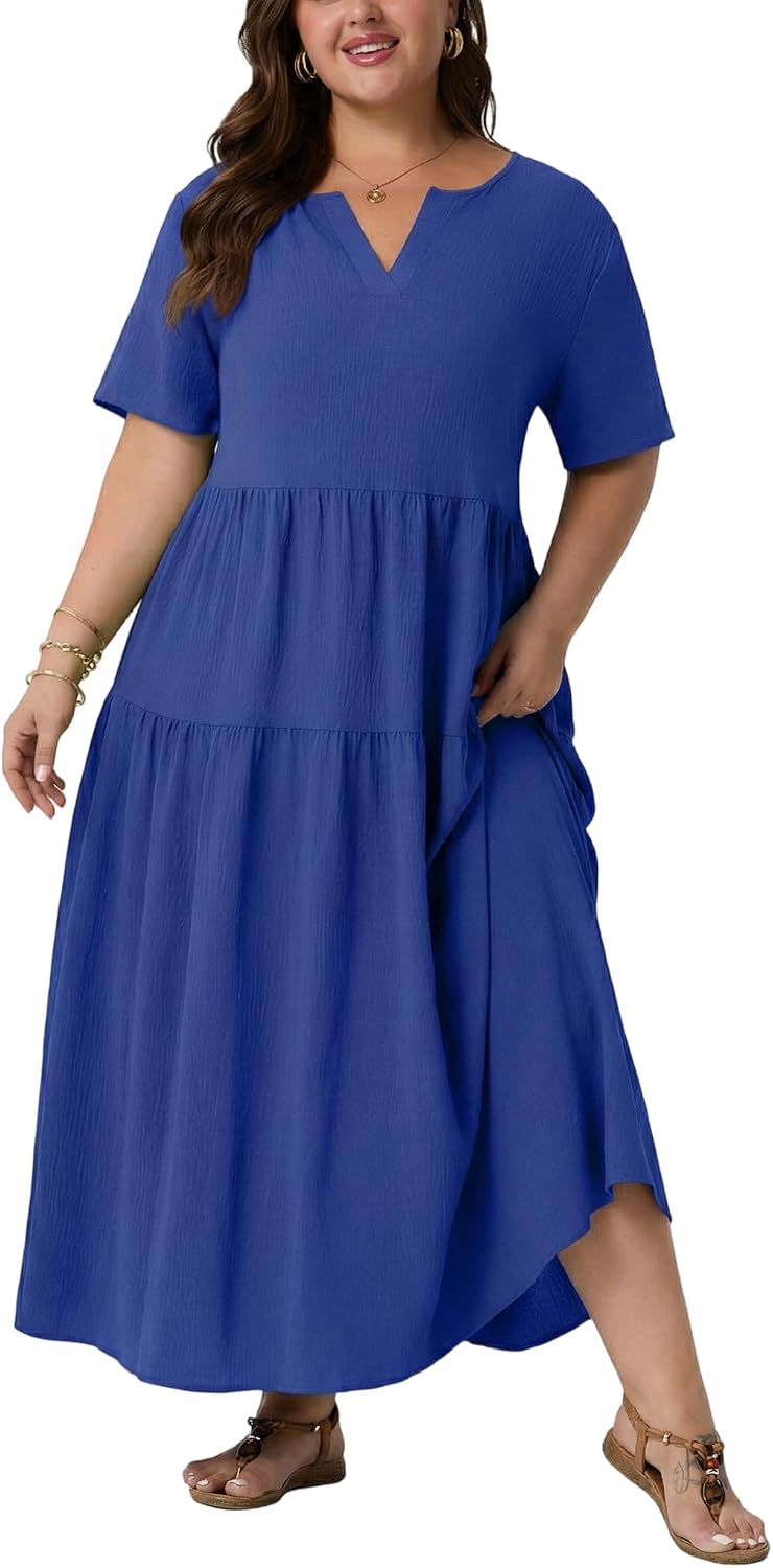OLRIK Plus Size Maxi Dresses for Curvy Women - Flowy Boho Summer Dress with Pockets, V-Neck Short Sleeve for Beach Vacation