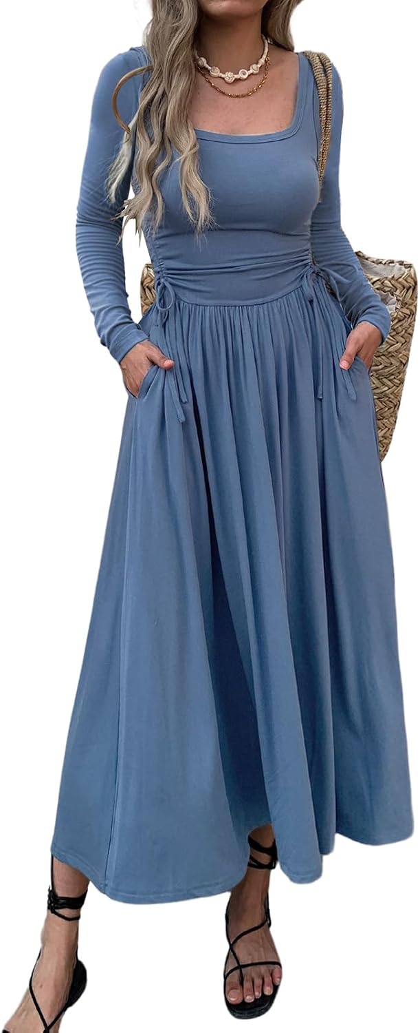 Mieazom Women\u2019s Long Sleeve Square Neck Maxi Dress Adjustable Waist Tie Casual Flowy A-Line Pleated Dresses with Pockets
