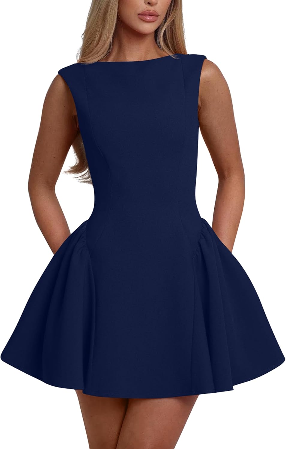 YMDUCH Women's Summer Sleeveless Backless A-line Mini Prom Dress | Crew Neck,Backless,Birthday,Party,Homecoming,Gradution,Back to School,Club,Date,Cute,Prom,Stretch,Solid,Comfy,Fashion,Trendy