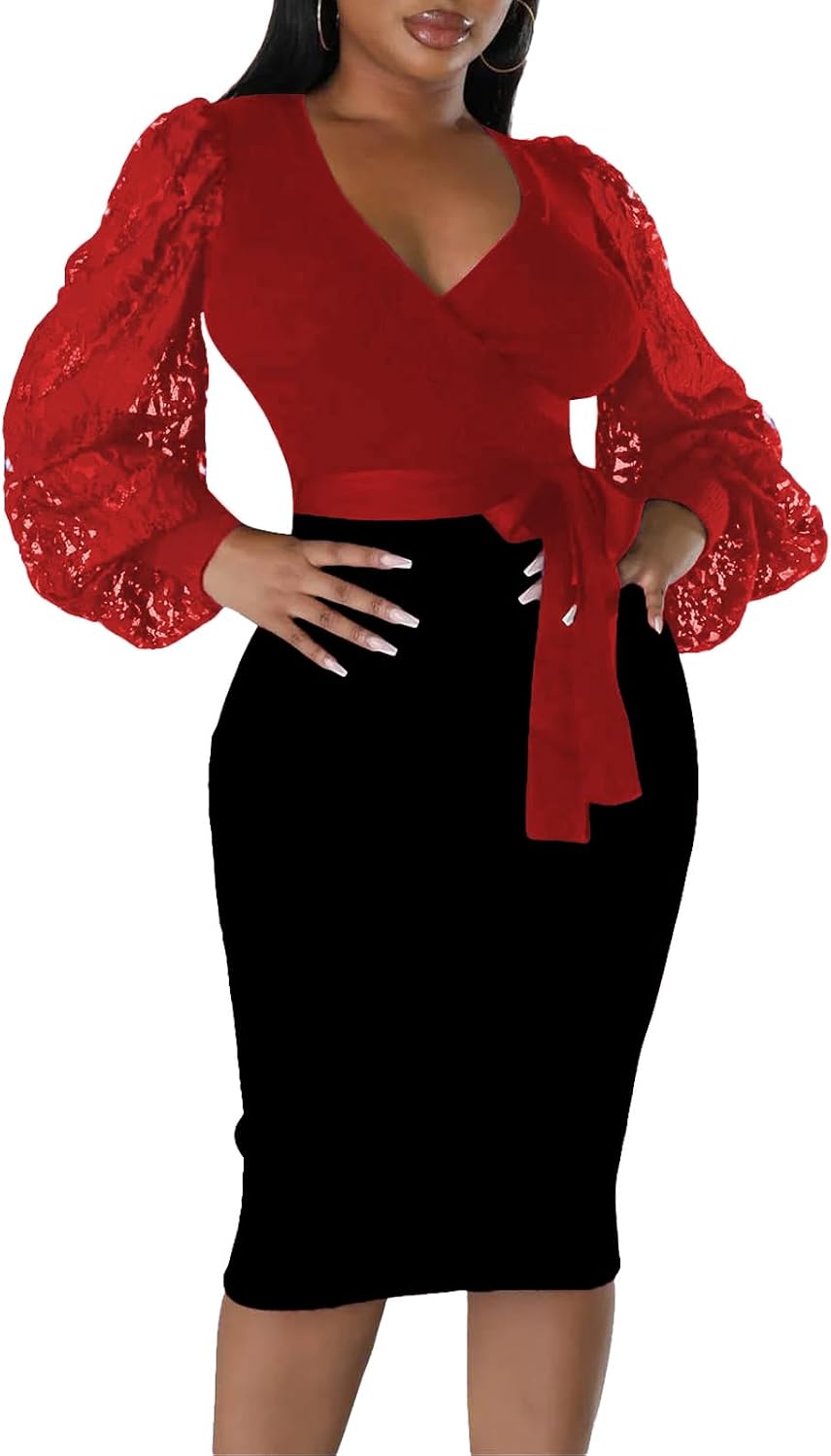BOGURST Semi Formal Church Dresses for Women Bishop Sleeve Sexy V Neck Bodycon Midi Dresses