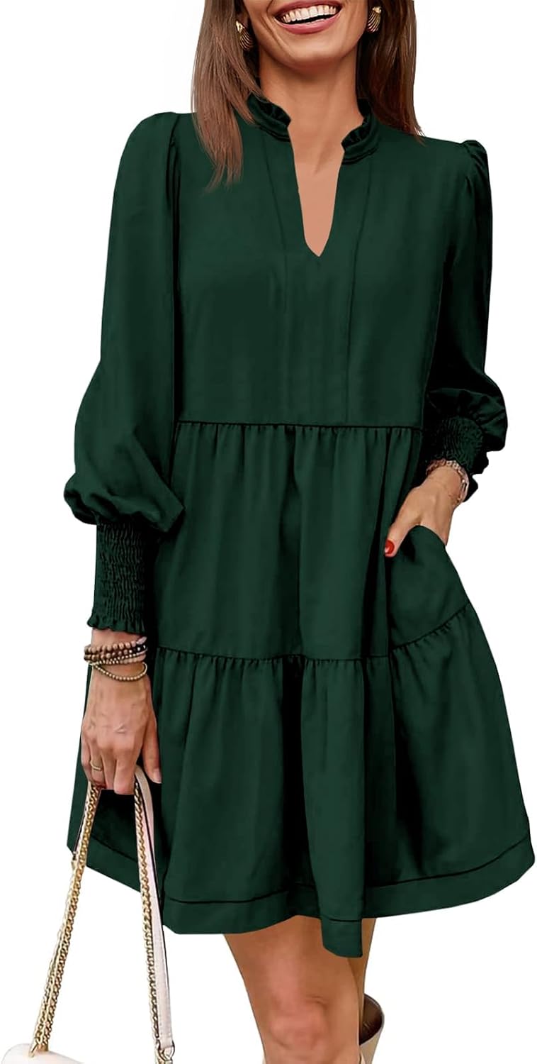 Imily Bela Womens Fall Long Sleeve Tunic Dress Casual V Neck Tiered Dress | Loose,Swing,A-Line,Ruffled Collar,Puff Balloon Sleeve,Smocked Elastic Cuffs,Tiered Layered Ruffle Hem,Babydoll,Loose,Mini