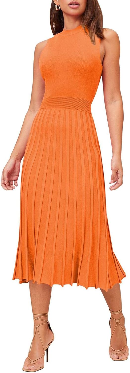 Pink Queen Women's Elegant Sleeveless Pleated A Line Midi Sweater Dresses | Crewneck,High Waisted,Ribbed Knit,Swing Long Dresses,Soft Stretchy,Business Causal,Work,Wedding,Party,Cocktail