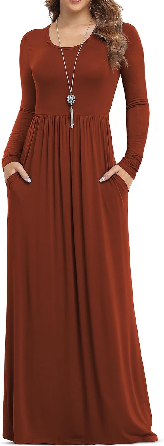 VIISHOW Women's Long Sleeve Casual Empire Waist Maxi Dress with Pockets | Soft stretch,Loose\u2011flowing dress,Full\u2011length cut,For church & daily occasions,Layer for cool Fall\u2011Winter,Casual to Formal