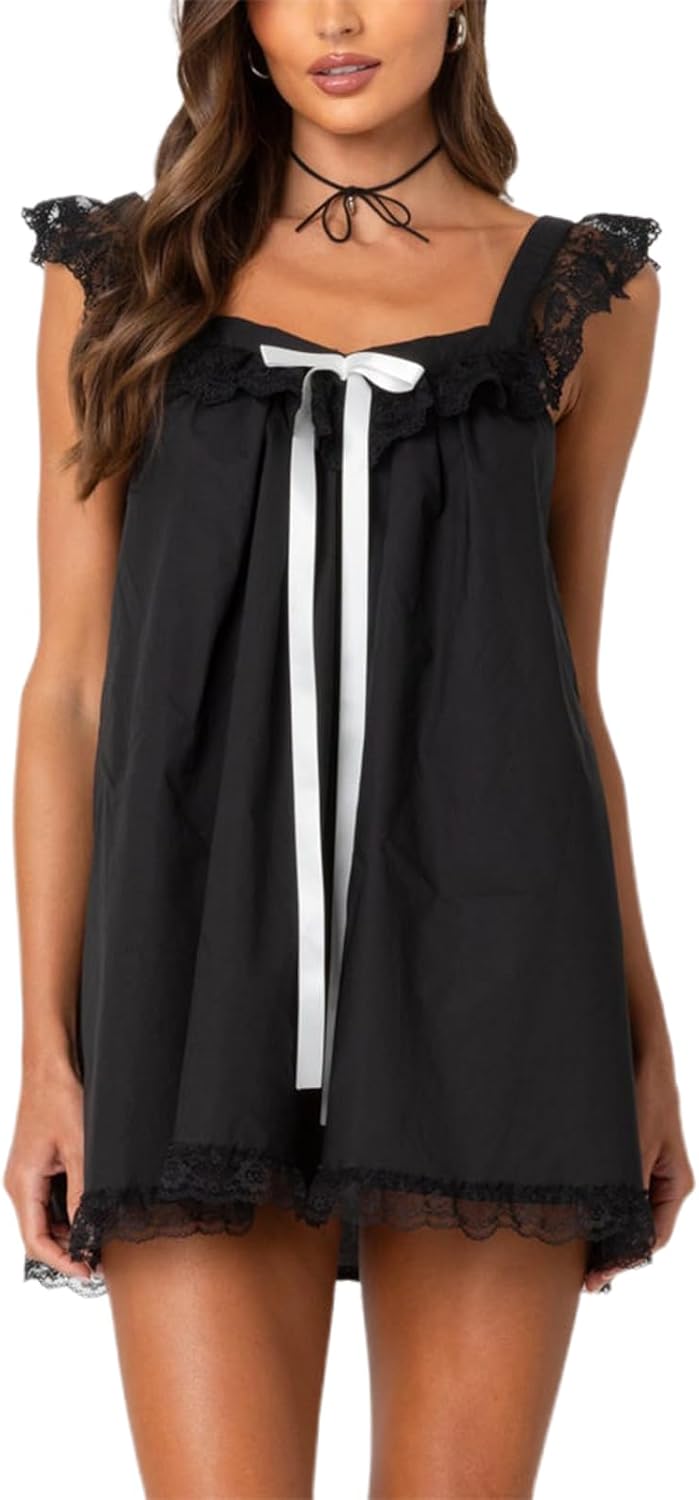 Cjfdfy Women's Cute Shift Mini Dress Lace Trim Sleeveless Y2k Flowy Babydoll Dresses Summer Casual Trendy Going Out Sundress