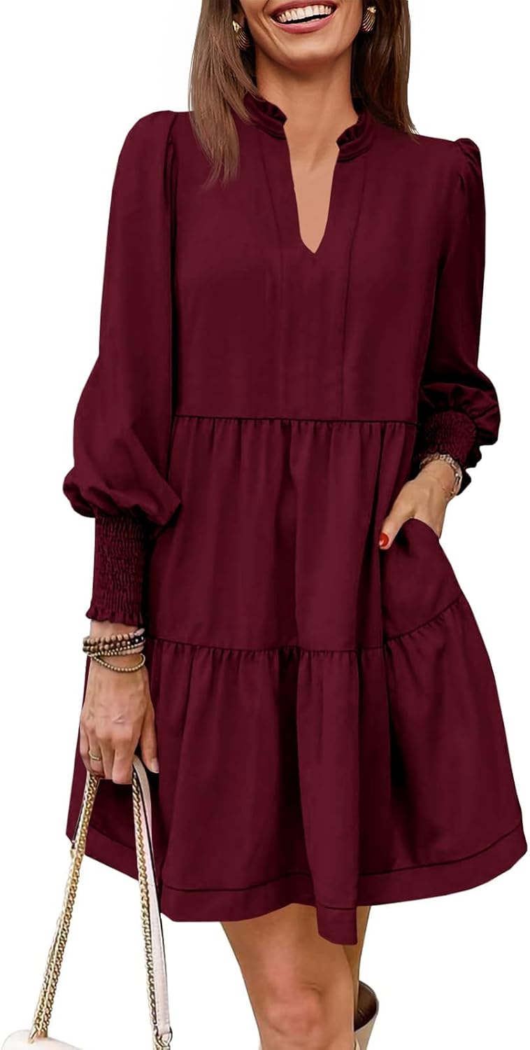 Imily Bela Womens Fall Long Sleeve Tunic Dress Casual V Neck Tiered Dress | Loose,Swing,A-Line,Ruffled Collar,Puff Balloon Sleeve,Smocked Elastic Cuffs,Tiered Layered Ruffle Hem,Babydoll,Loose,Mini