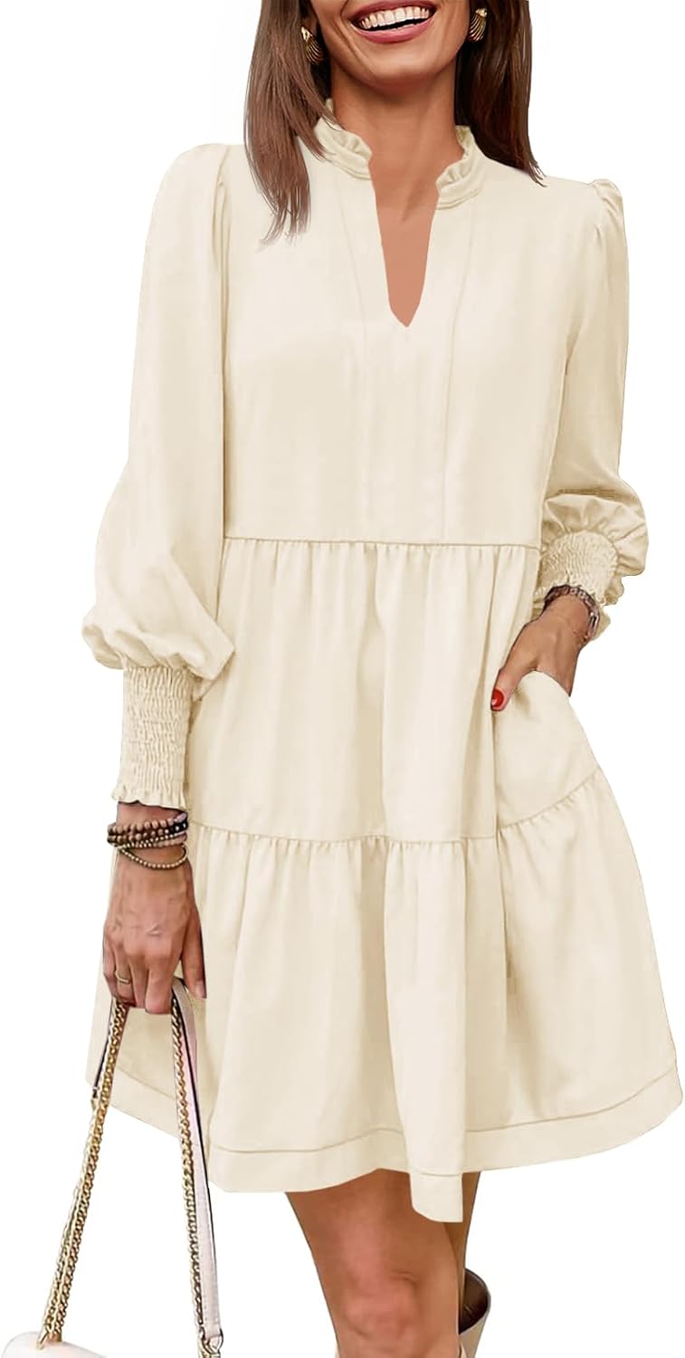 Imily Bela Womens Fall Long Sleeve Tunic Dress Casual V Neck Tiered Dress | Loose,Swing,A-Line,Ruffled Collar,Puff Balloon Sleeve,Smocked Elastic Cuffs,Tiered Layered Ruffle Hem,Babydoll,Loose,Mini