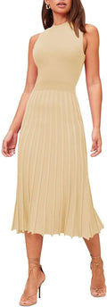Pink Queen Women's Elegant Sleeveless Pleated A Line Midi Sweater Dresses | Crewneck,High Waisted,Ribbed Knit,Swing Long Dresses,Soft Stretchy,Business Causal,Work,Wedding,Party,Cocktail
