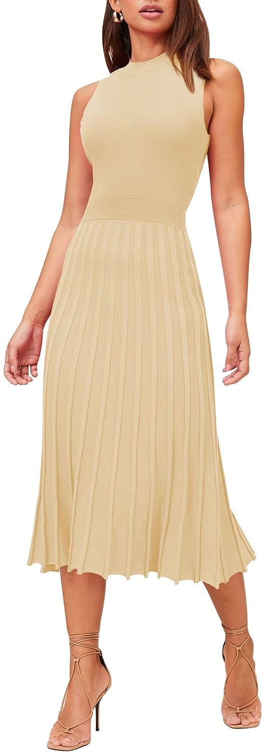 Pink Queen Women's Elegant Sleeveless Pleated A Line Midi Sweater Dresses | Crewneck,High Waisted,Ribbed Knit,Swing Long Dresses,Soft Stretchy,Business Causal,Work,Wedding,Party,Cocktail