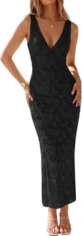 Muchpow Women's Sexy V Neck Bodycon Cocktail Floral Maxi Dress | Lined, Floral Embroidered Semi Formal Mesh Sleeveless Wedding Guest Homecoming Party Elegant Long Dresses
