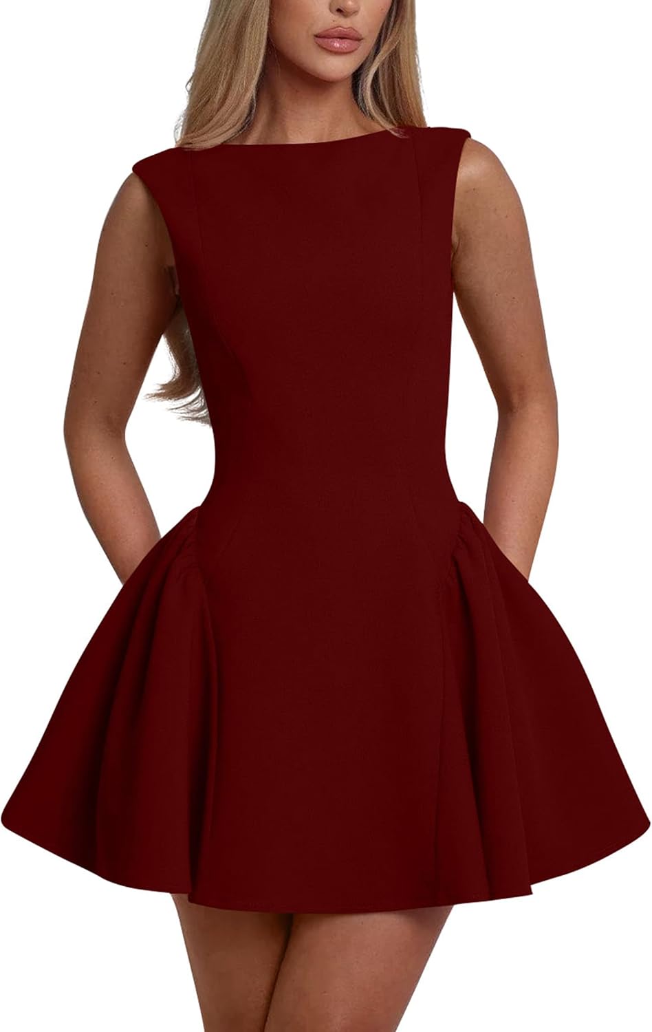 YMDUCH Women's Summer Sleeveless Backless A-line Mini Prom Dress | Crew Neck,Backless,Birthday,Party,Homecoming,Gradution,Back to School,Club,Date,Cute,Prom,Stretch,Solid,Comfy,Fashion,Trendy