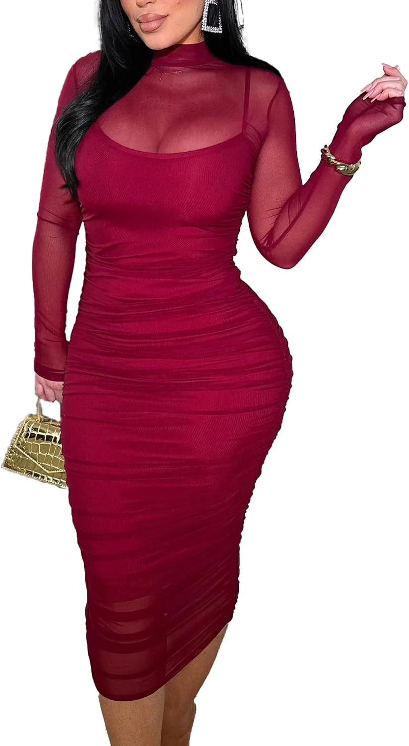 MOEENCN Women's Sexy Long Sleeve Sheer Mesh Midi Bodycon Dress 2 Piece Set | Sheer Printed Mesh Overlay, Adjustable Spaghetti\u2011Strap Slip Liner, Crew Neck, Date Night Birthday Going Out Clubwear
