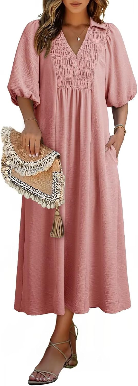 Dokotoo Summer Dresses for Women 2026 Casual Dresses V Neck Puff Sleeve Empire Waist A-Line Maxi Dress