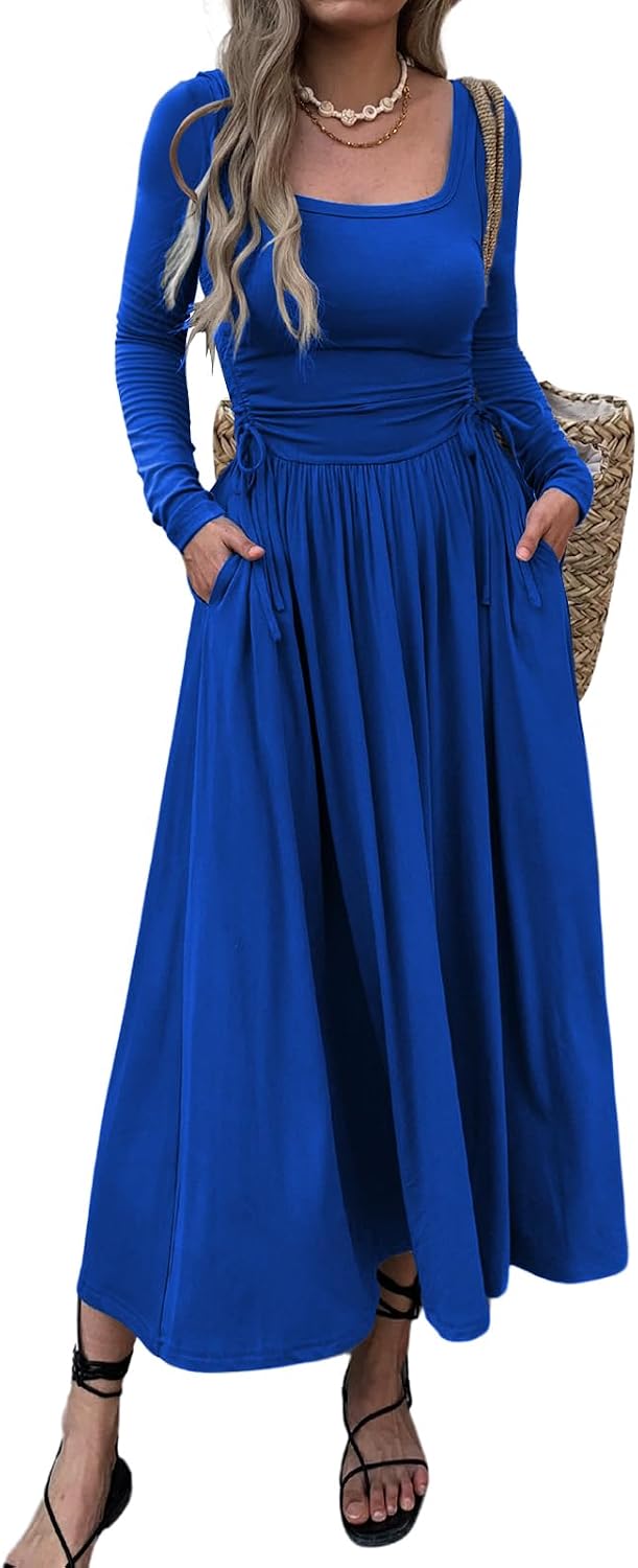 Mieazom Women\u2019s Long Sleeve Square Neck Maxi Dress Adjustable Waist Tie Casual Flowy A-Line Pleated Dresses with Pockets