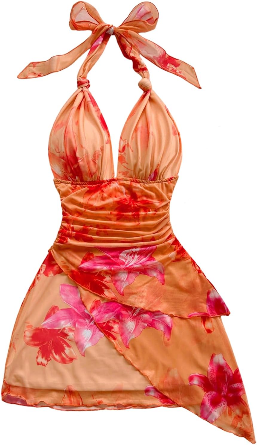 SOLY HUX Women's Y2K Summer Beach Halter Mini Dress | Retro Floral Dress, V Neck, Backless, Club Nightout, Sexy Going Out Clothes, Birthday Dress