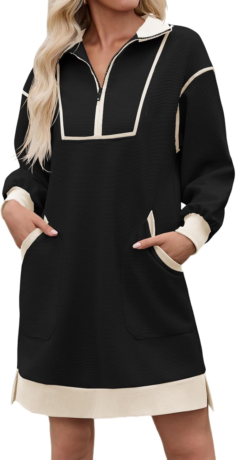 Wenrine Womens Half Zip Sweatshirt Dress Fall V Neck Contrast Mini Dresses | Oversized, Zip Up, Collared, Long Sleeve, Loose Fit, Slit Hem, Two Side Pockets, Sporty, Pullover