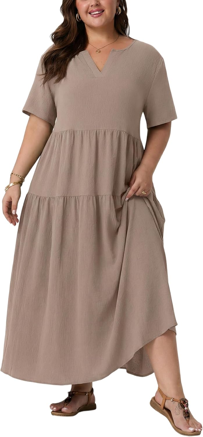 OLRIK Plus Size Maxi Dresses for Curvy Women - Flowy Boho Summer Dress with Pockets, V-Neck Short Sleeve for Beach Vacation