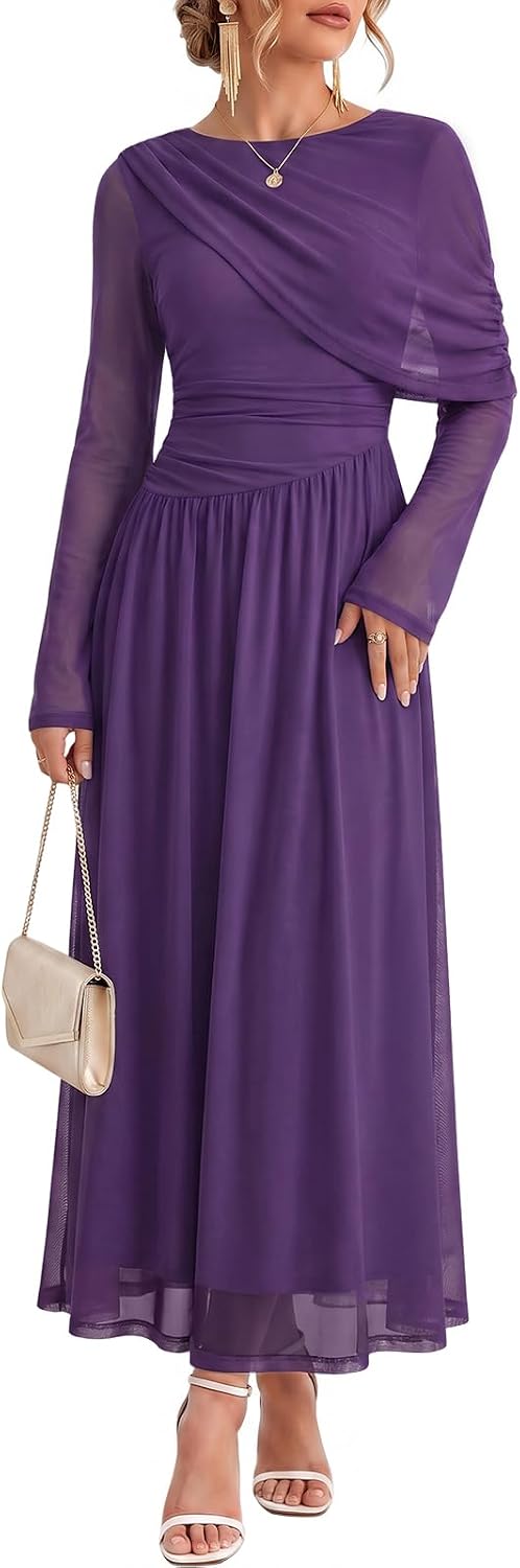 Wenrine Womens Fall Cocktail Dress Long Sleeve Mesh Maxi Party Dresses | Long Sleeve, Mesh, A Line, Flowy, Fall, Winter, Maxi, Long Cocktail Party Dress, Evening Gowns, Dress with Cape Sleeves
