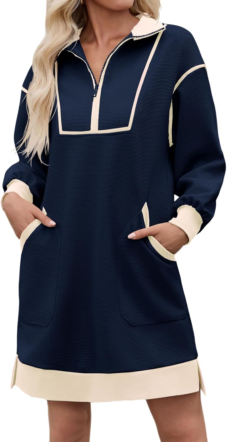 Wenrine Womens Half Zip Sweatshirt Dress Fall V Neck Contrast Mini Dresses | Oversized, Zip Up, Collared, Long Sleeve, Loose Fit, Slit Hem, Two Side Pockets, Sporty, Pullover