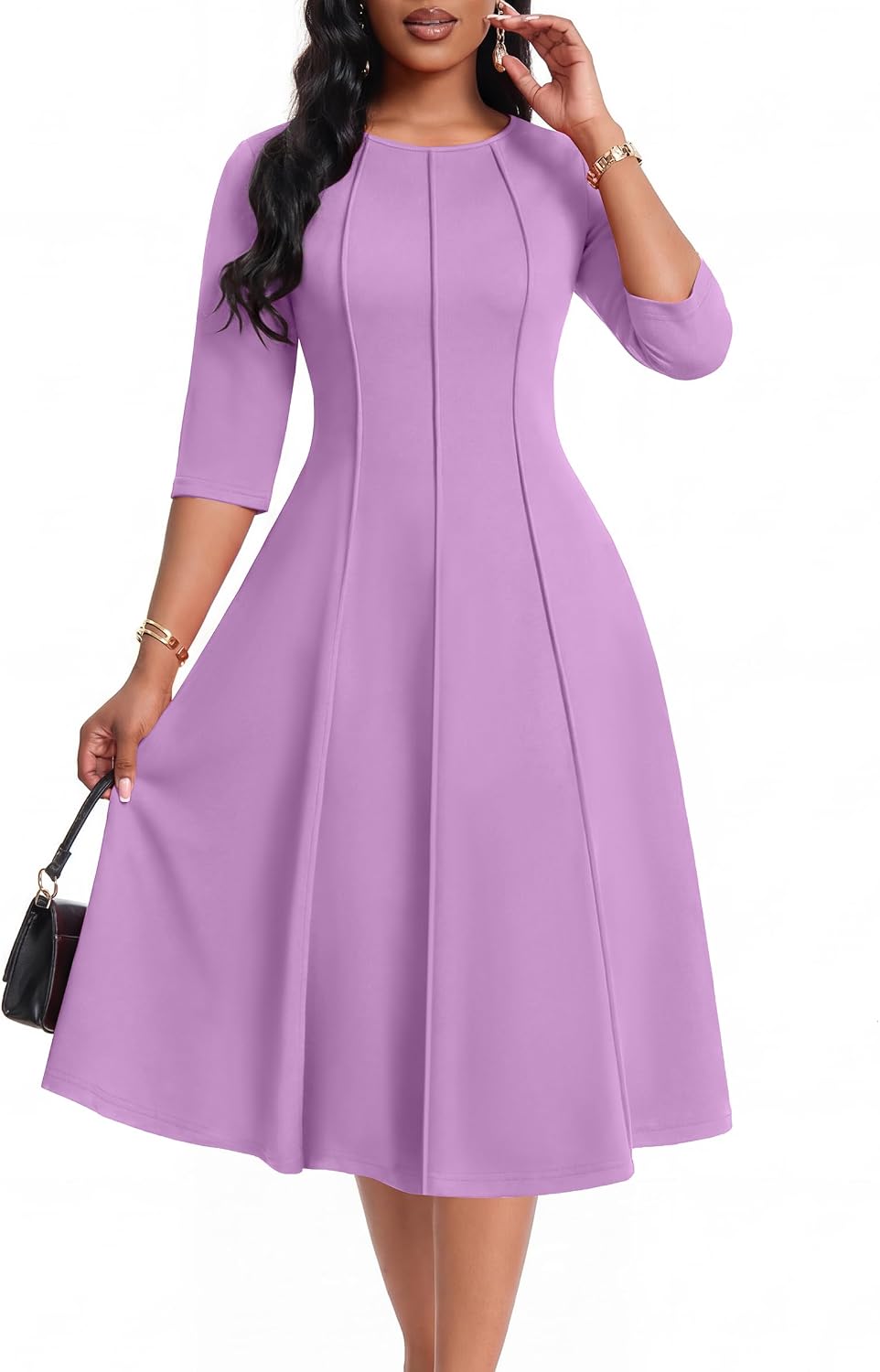 CLOCOR Womens 3\/4 Sleeve Semi Formal Church Midi Dress with Pockets | Fit and flare, modest crew neck, vertical seams, elegant style, casual, work, cocktail party