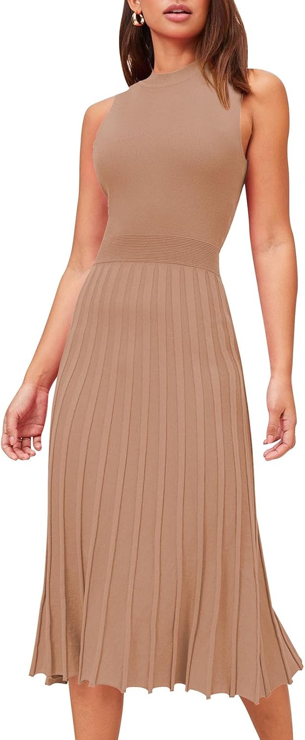 Pink Queen Women's Elegant Sleeveless Pleated A Line Midi Sweater Dresses | Crewneck,High Waisted,Ribbed Knit,Swing Long Dresses,Soft Stretchy,Business Causal,Work,Wedding,Party,Cocktail