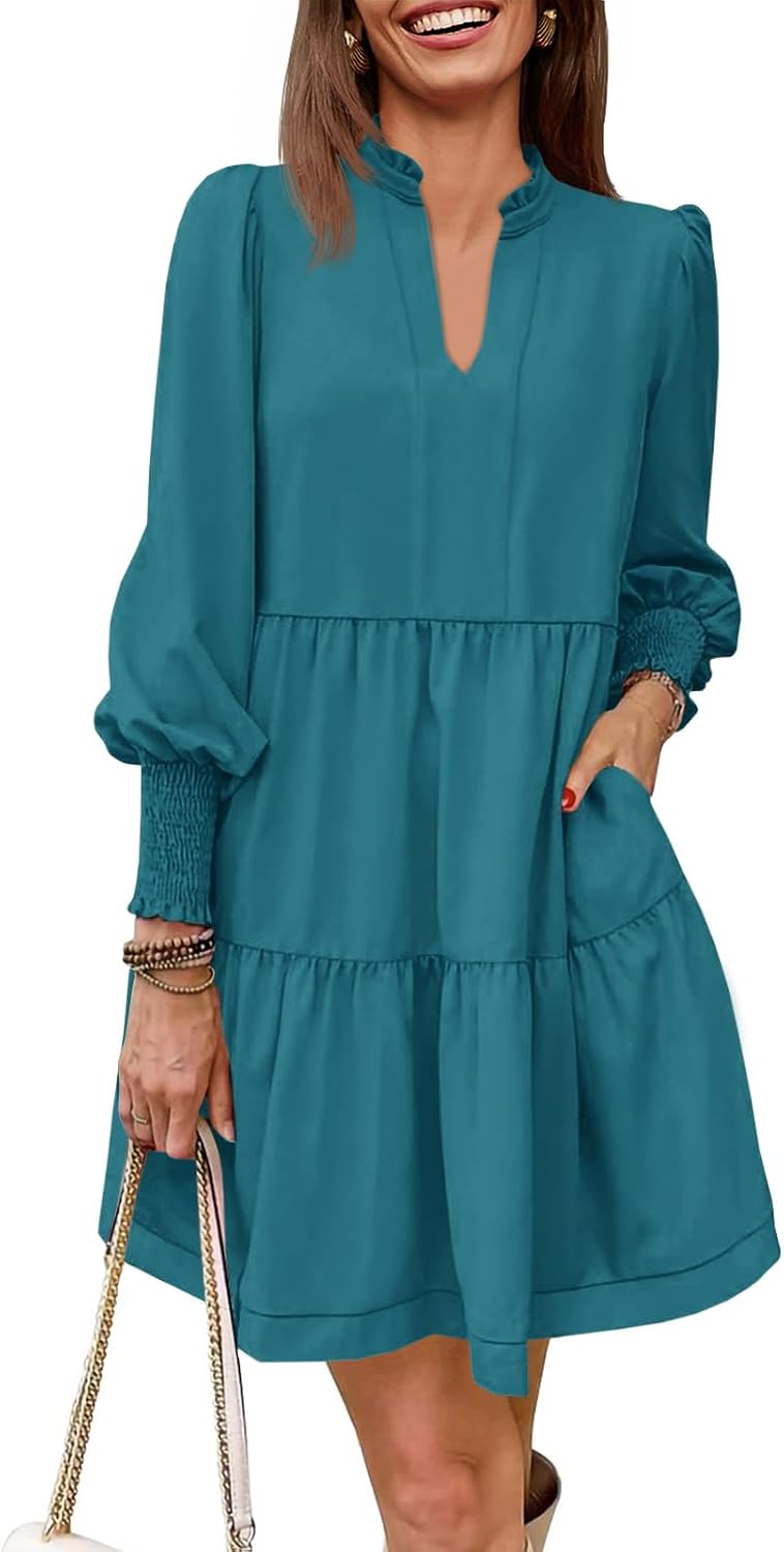 Imily Bela Womens Fall Long Sleeve Tunic Dress Casual V Neck Tiered Dress | Loose,Swing,A-Line,Ruffled Collar,Puff Balloon Sleeve,Smocked Elastic Cuffs,Tiered Layered Ruffle Hem,Babydoll,Loose,Mini