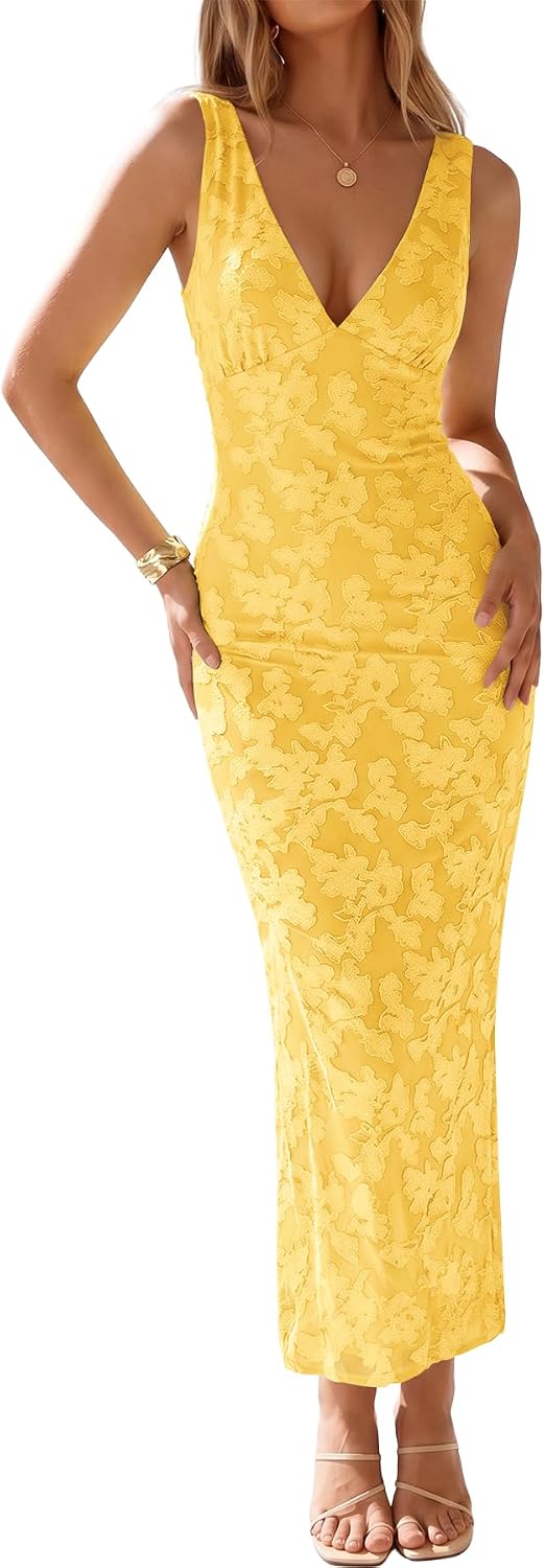 Muchpow Women's Sexy V Neck Bodycon Cocktail Floral Maxi Dress | Lined, Floral Embroidered Semi Formal Mesh Sleeveless Wedding Guest Homecoming Party Elegant Long Dresses