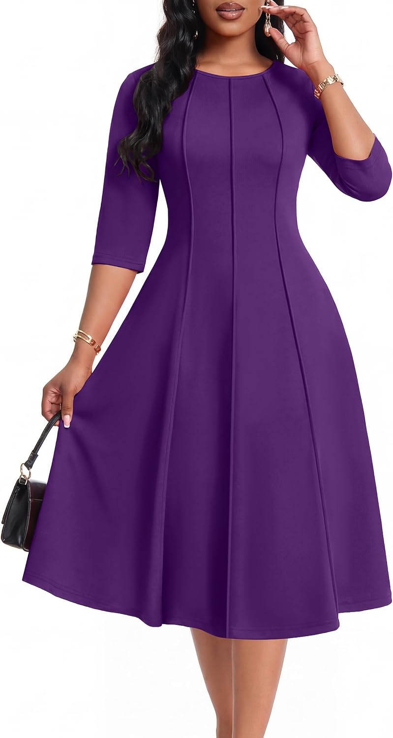 CLOCOR Womens 3\/4 Sleeve Semi Formal Church Midi Dress with Pockets | Fit and flare, modest crew neck, vertical seams, elegant style, casual, work, cocktail party