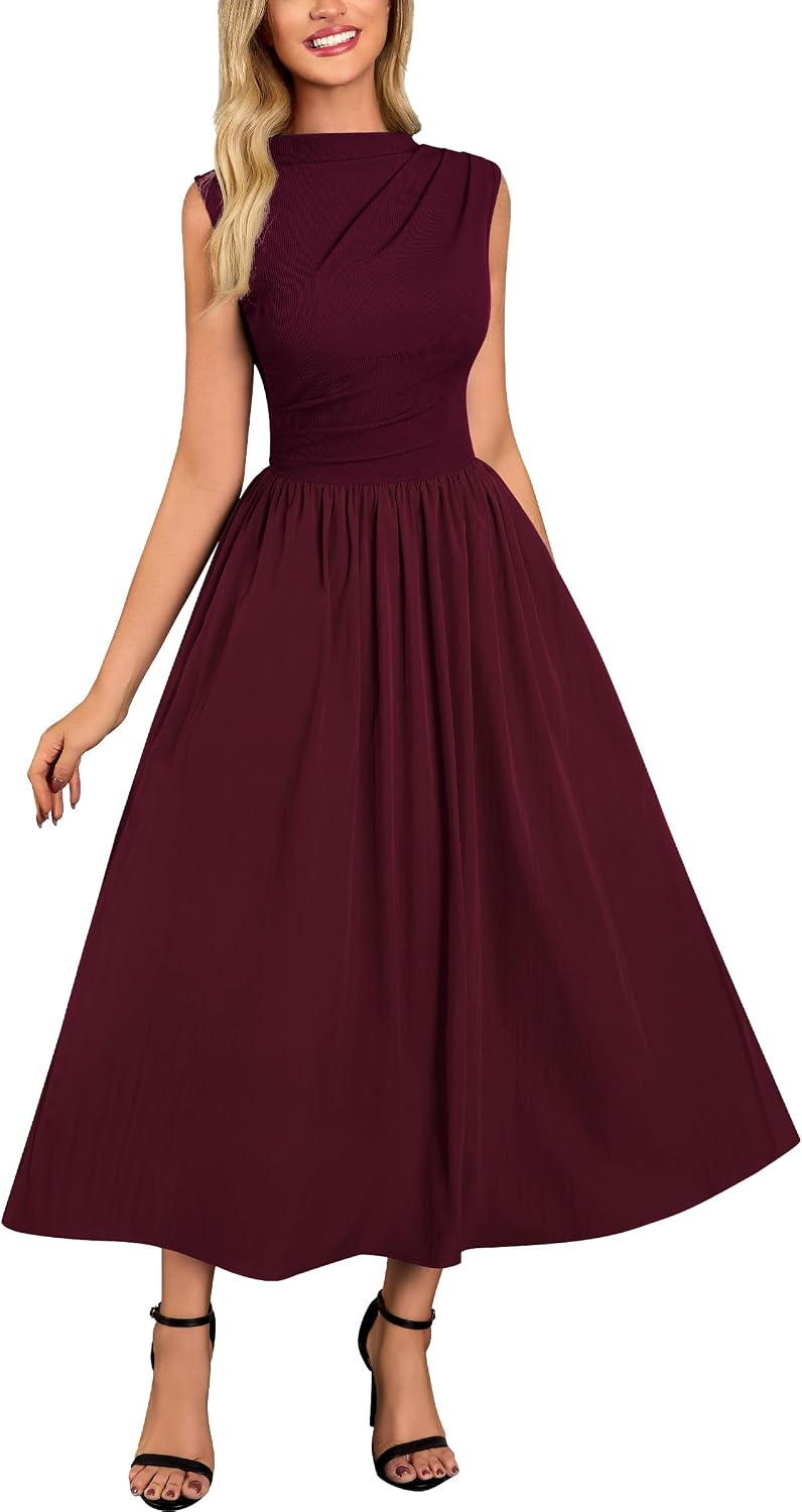 Miusol Women's Retro Half Collar Sleeveless with Pocket Casual Swing Dress | Sleevelss, Slim Cutting, Under Knee Length, For Outdoor