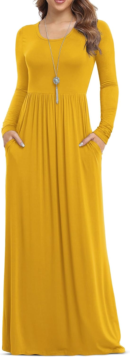 VIISHOW Women's Long Sleeve Casual Empire Waist Maxi Dress with Pockets | Soft stretch,Loose\u2011flowing dress,Full\u2011length cut,For church & daily occasions,Layer for cool Fall\u2011Winter,Casual to Formal