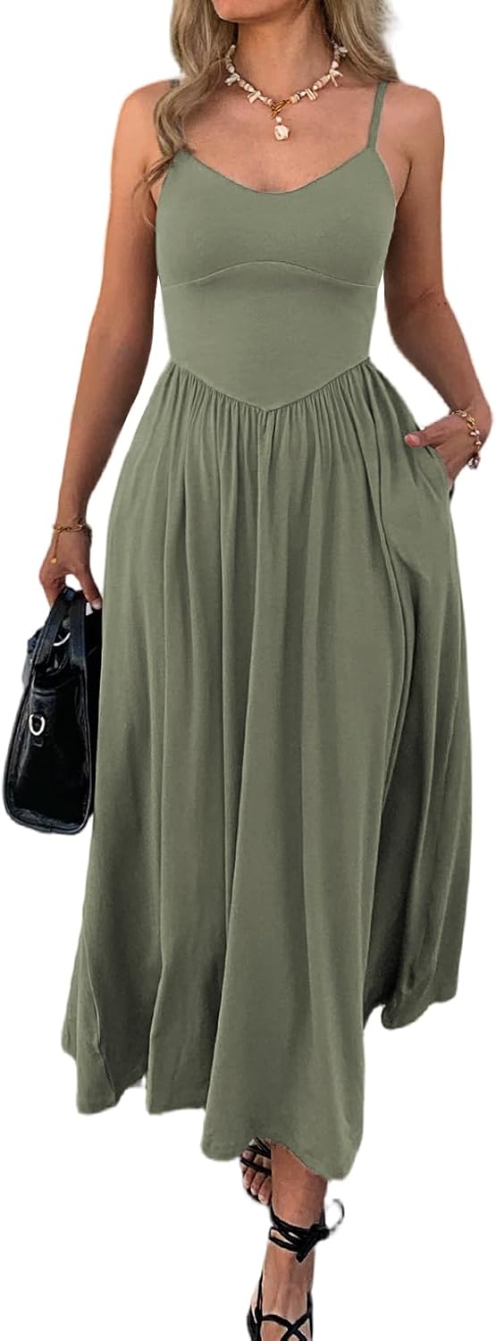 Evzeiem Womens Spaghetti Strap Maxi Dresses Summer Casual Sleeveless A Line Long Flowy Dress with Pockets Beach Sundresses