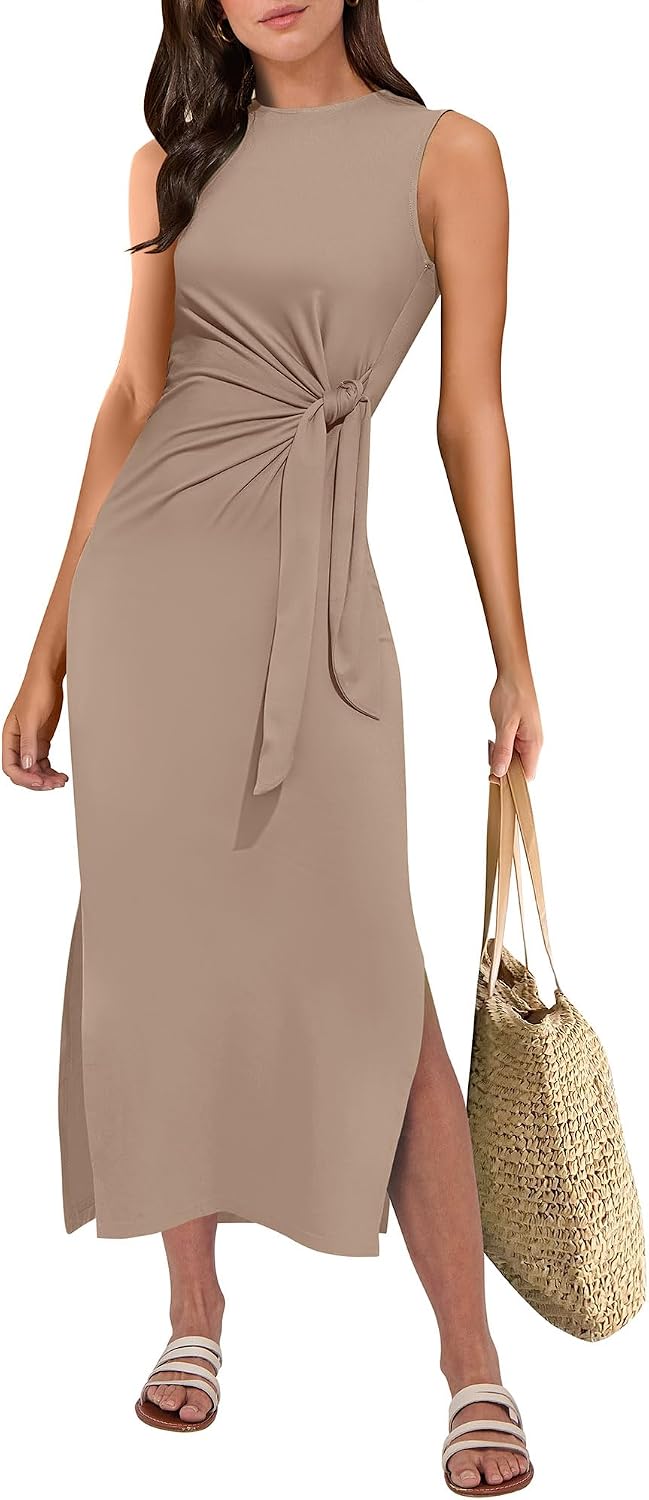 ANRABESS Women's Sleeveless T-Shirt Midi Tank Dress | Summer Casual, Slim Fit, Tie Waist Split Trendy Long Dresses, 2026 Travel Vacation Beach Sundress, Soft Comfy