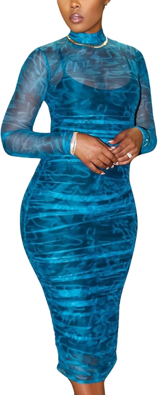MOEENCN Women's Sexy Long Sleeve Sheer Mesh Midi Bodycon Dress 2 Piece Set | Sheer Printed Mesh Overlay, Adjustable Spaghetti\u2011Strap Slip Liner, Crew Neck, Date Night Birthday Going Out Clubwear