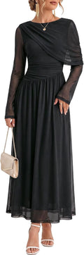 Wenrine Womens Fall Cocktail Dress Long Sleeve Mesh Maxi Party Dresses | Long Sleeve, Mesh, A Line, Flowy, Fall, Winter, Maxi, Long Cocktail Party Dress, Evening Gowns, Dress with Cape Sleeves