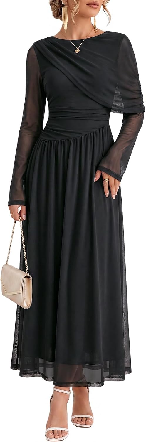 Wenrine Womens Fall Cocktail Dress Long Sleeve Mesh Maxi Party Dresses | Long Sleeve, Mesh, A Line, Flowy, Fall, Winter, Maxi, Long Cocktail Party Dress, Evening Gowns, Dress with Cape Sleeves