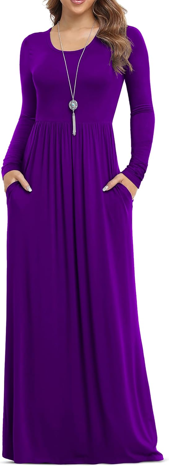 VIISHOW Women's Long Sleeve Casual Empire Waist Maxi Dress with Pockets | Soft stretch,Loose\u2011flowing dress,Full\u2011length cut,For church & daily occasions,Layer for cool Fall\u2011Winter,Casual to Formal