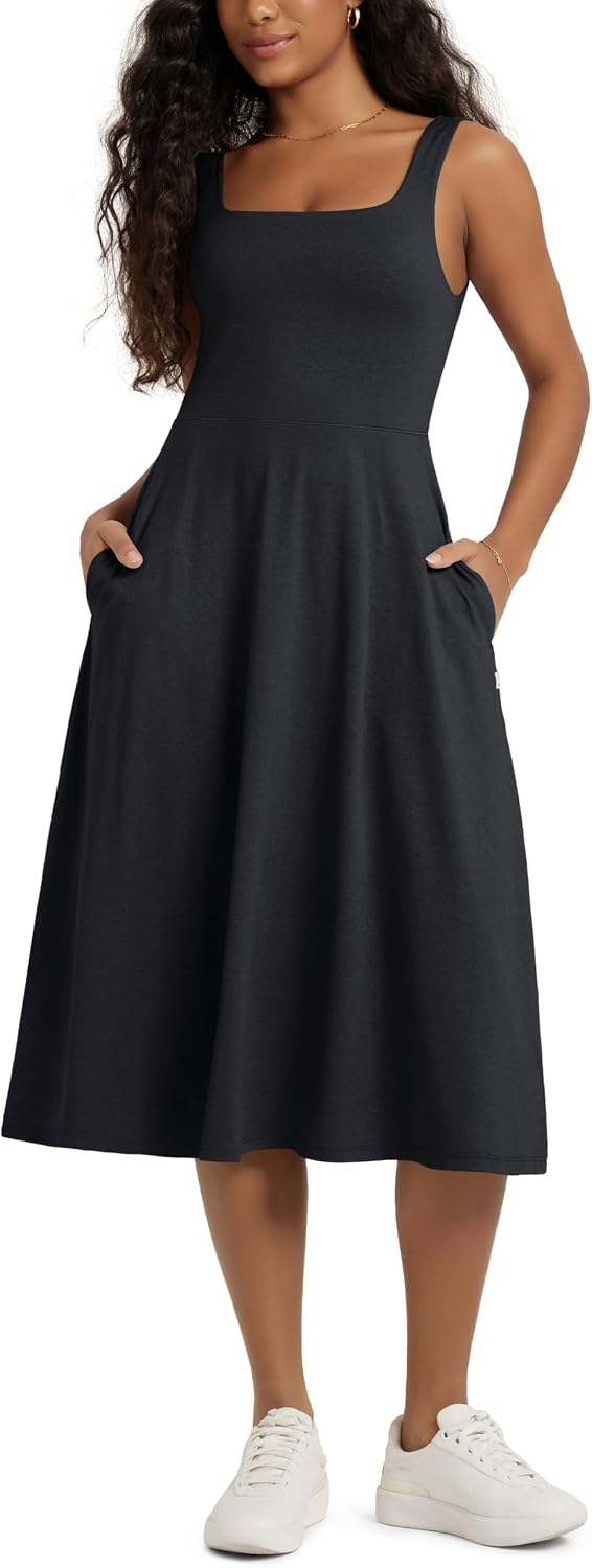 ODODOS Square Neck Midi Dress with Pockets for Women Summer Casual Sleeveless Sundress Flare Tank Dress