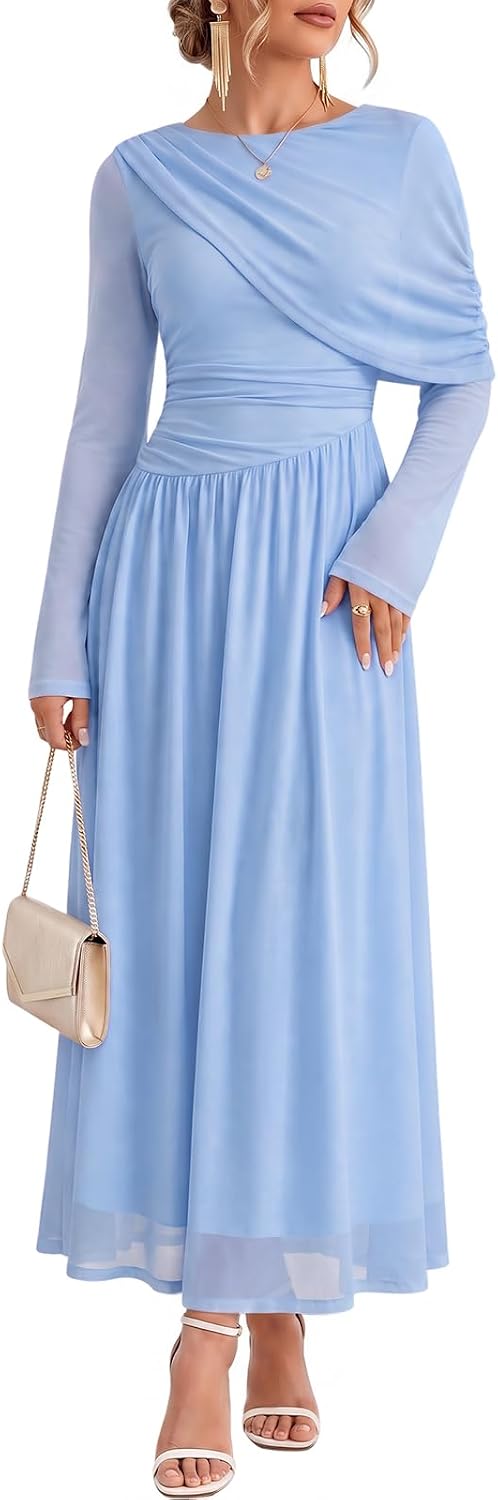 Wenrine Womens Fall Cocktail Dress Long Sleeve Mesh Maxi Party Dresses | Long Sleeve, Mesh, A Line, Flowy, Fall, Winter, Maxi, Long Cocktail Party Dress, Evening Gowns, Dress with Cape Sleeves