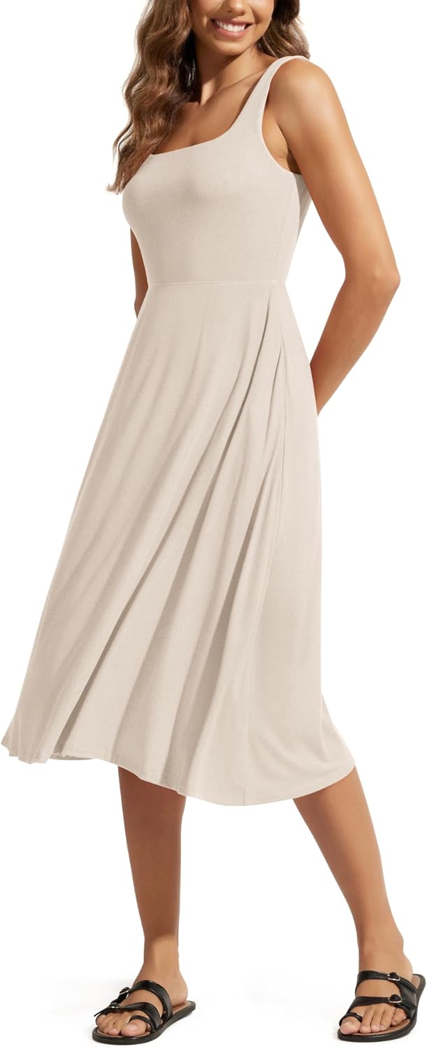ODODOS Square Neck Midi Dress with Pockets for Women Summer Casual Sleeveless Sundress Flare Tank Dress