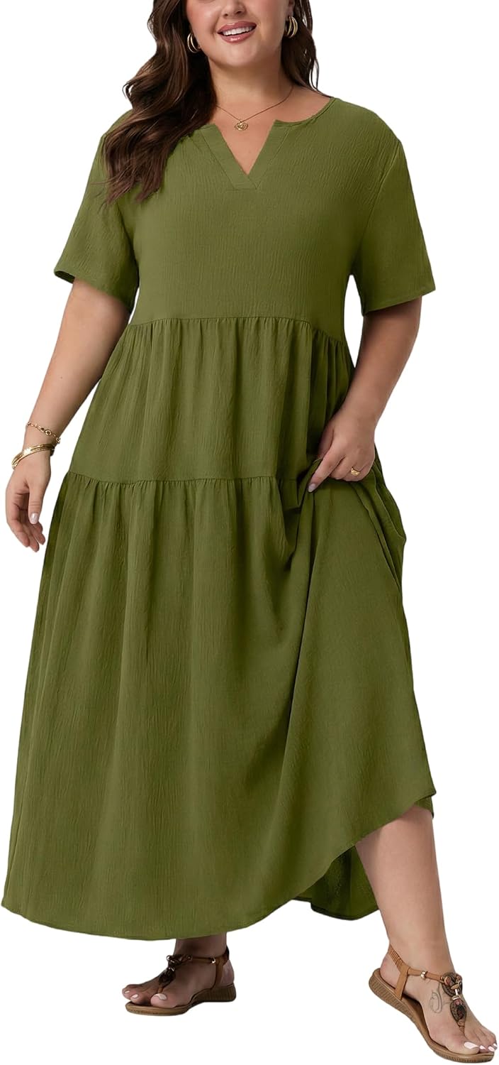 OLRIK Plus Size Maxi Dresses for Curvy Women - Flowy Boho Summer Dress with Pockets, V-Neck Short Sleeve for Beach Vacation