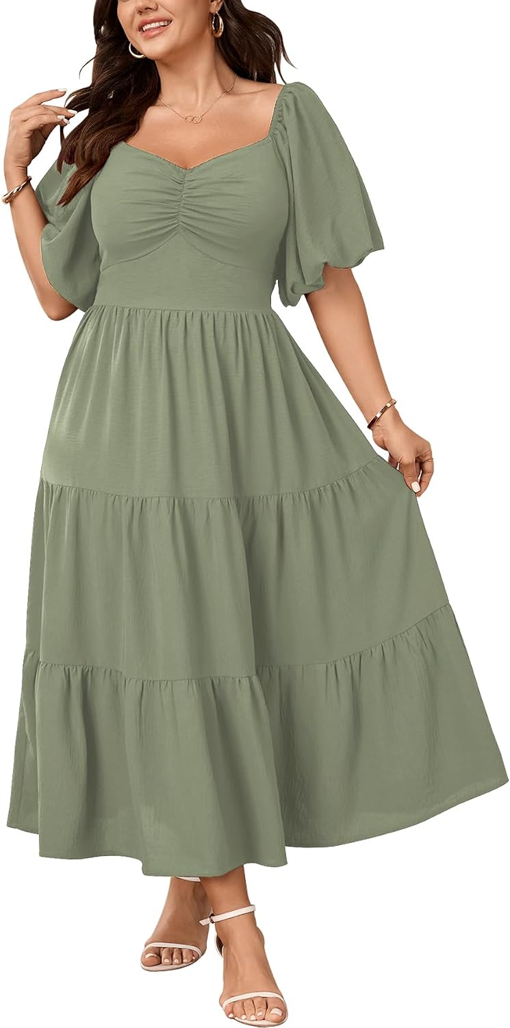 SHESTARR Womens Plus Size Wedding Guest Maxi Dress | Puffy Short Sleeve, Sweetheart Neckline, Smocked, Flowy, Tiered, A Line, Summer, Long Dresses