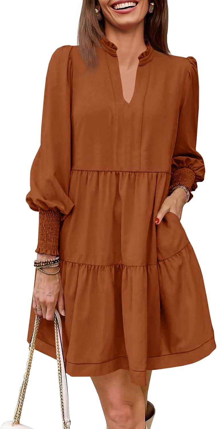 Imily Bela Womens Fall Long Sleeve Tunic Dress Casual V Neck Tiered Dress | Loose,Swing,A-Line,Ruffled Collar,Puff Balloon Sleeve,Smocked Elastic Cuffs,Tiered Layered Ruffle Hem,Babydoll,Loose,Mini