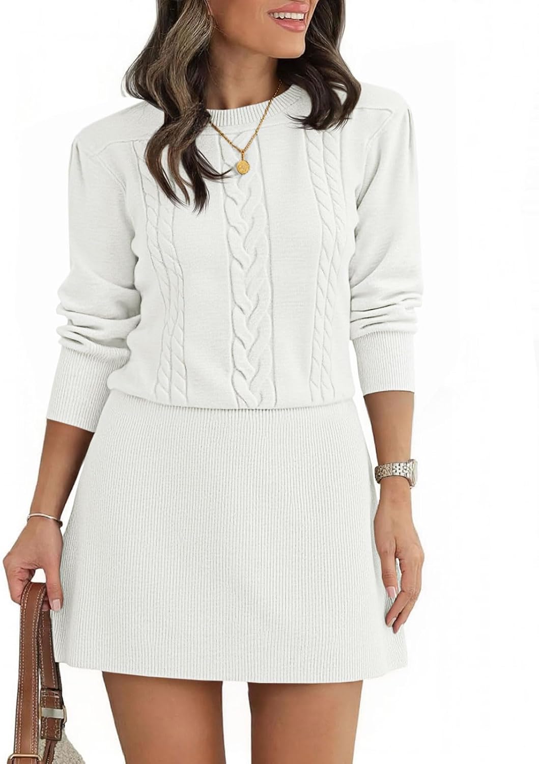 Saodimallsu Womens Puff Long Sleeve Sweater Dress Cable Knit Fall Dresses | Cable Knit, A Line, Crew Neck, Fall Casual, Flare Mini dress