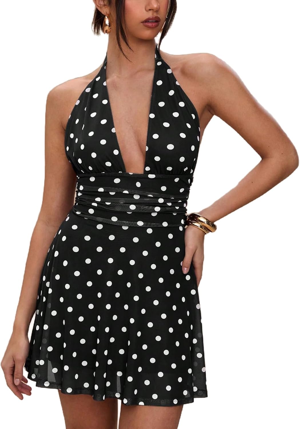 Milumia Women's Polka Dots Halter Mini Dress Sexy Deep V Neck Short Dresses | Date Night Dress, Going Out Outfits, Country Concert, A Line, Cocktail, Party Club, Summer, Fall