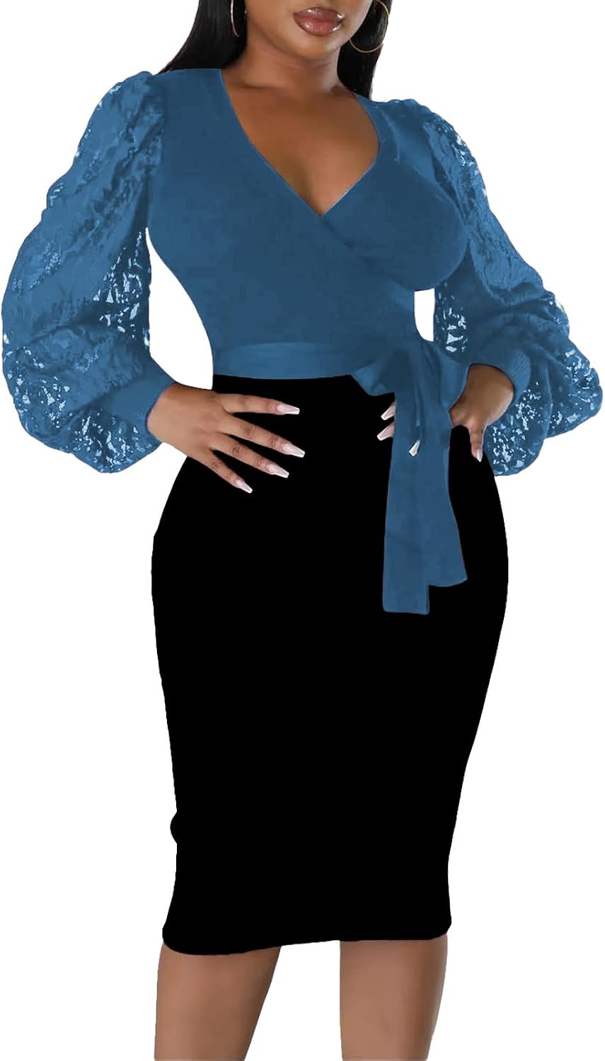 BOGURST Semi Formal Church Dresses for Women Bishop Sleeve Sexy V Neck Bodycon Midi Dresses