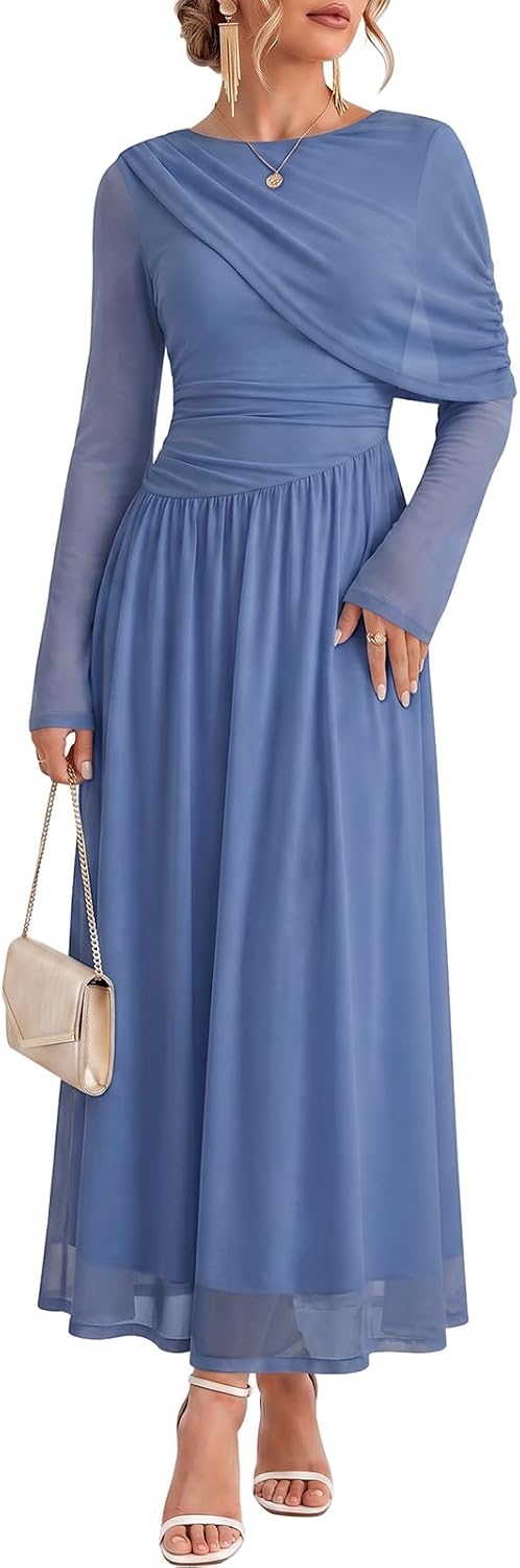Wenrine Womens Fall Cocktail Dress Long Sleeve Mesh Maxi Party Dresses | Long Sleeve, Mesh, A Line, Flowy, Fall, Winter, Maxi, Long Cocktail Party Dress, Evening Gowns, Dress with Cape Sleeves