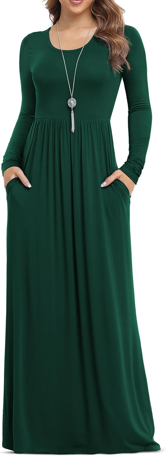 VIISHOW Women's Long Sleeve Casual Empire Waist Maxi Dress with Pockets | Soft stretch,Loose\u2011flowing dress,Full\u2011length cut,For church & daily occasions,Layer for cool Fall\u2011Winter,Casual to Formal