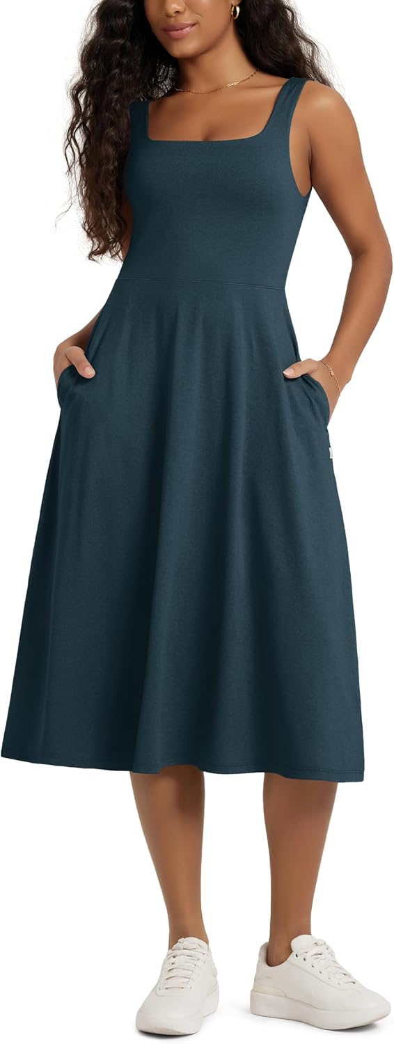 ODODOS Square Neck Midi Dress with Pockets for Women Summer Casual Sleeveless Sundress Flare Tank Dress