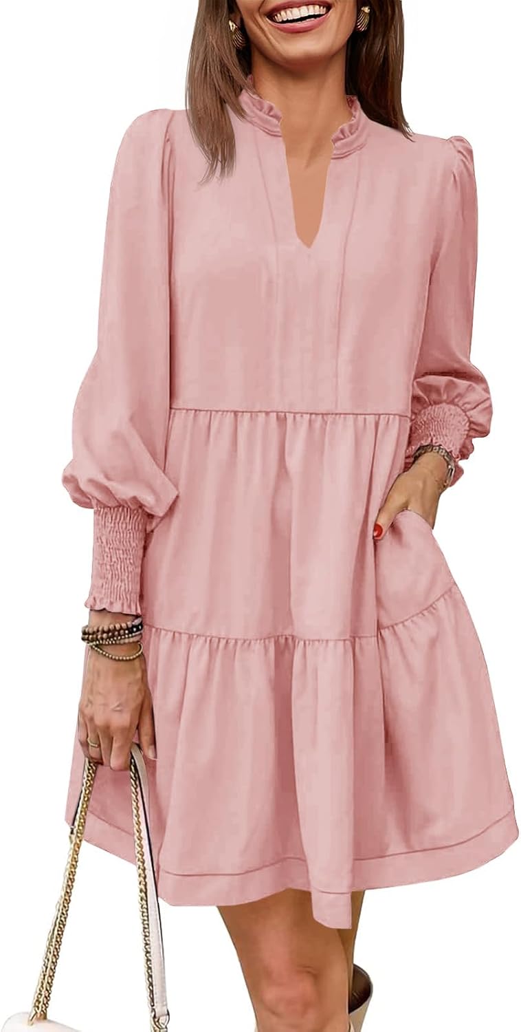 Imily Bela Womens Fall Long Sleeve Tunic Dress Casual V Neck Tiered Dress | Loose,Swing,A-Line,Ruffled Collar,Puff Balloon Sleeve,Smocked Elastic Cuffs,Tiered Layered Ruffle Hem,Babydoll,Loose,Mini